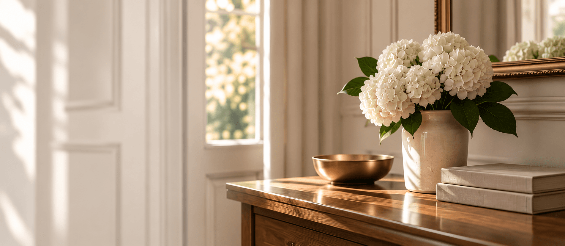 White hydrangeas in a ceramic vase beside books in a quiet coastal interior